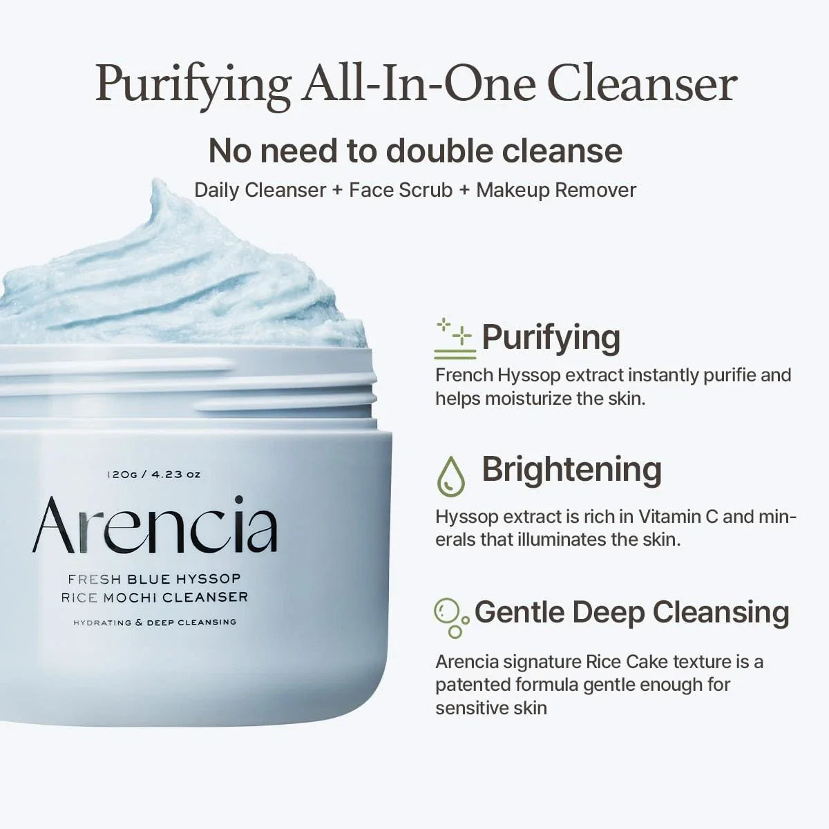 Arencia – frischer blauer Ysop Reis Mochi Cleanser, 120G