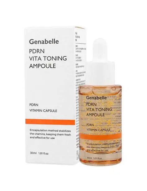 Genabelle PDRN Vita Toning Ampoule with its white packaging box, showing the amber liquid inside the dropper bottle on a white background.