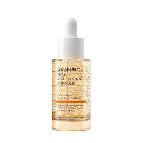 Genabelle PDRN Vita Toning Ampoule in a clear glass bottle with a white dropper cap, filled with a golden liquid and suspended gold flakes, on a white background.