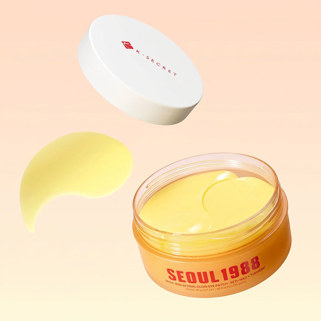 An open jar of Seoul 1988 eye patch cream with a white lid floating above it, alongside a detached yellow eye patch on a soft peach gradient background.