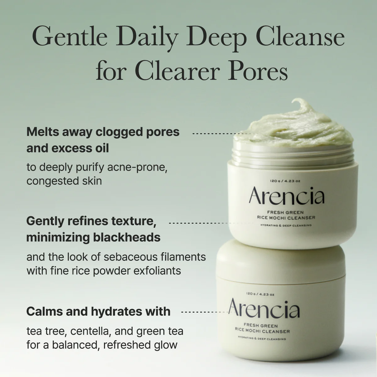 ARENCIA fresh green rice mochi cleanser in a 120g tube, showcasing its smooth texture and natural ingredients.